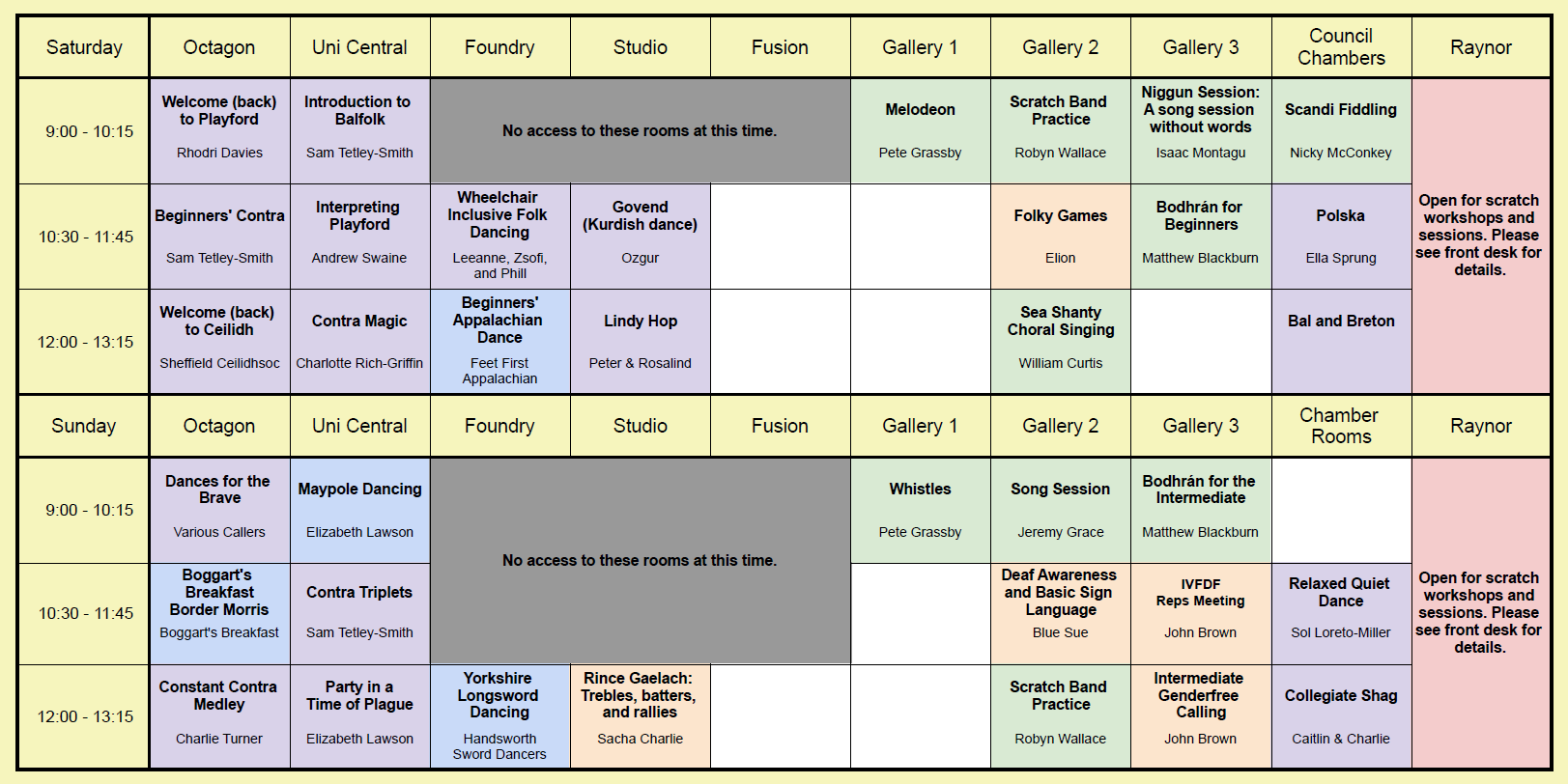 Workshops timetable